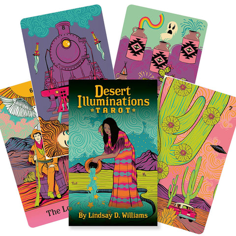 Tarot kortos Desert Illuminations – spalvingas L. Williams denio komplektas su dėžute ir kortomis fanuojant