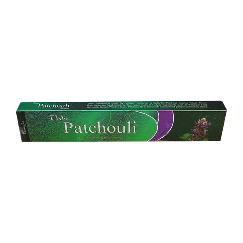 Patchouli smilkalai, ilgos lazdelės žalia pakuotėje su violetiniu akcentu, natūralus žemiškas aromatas