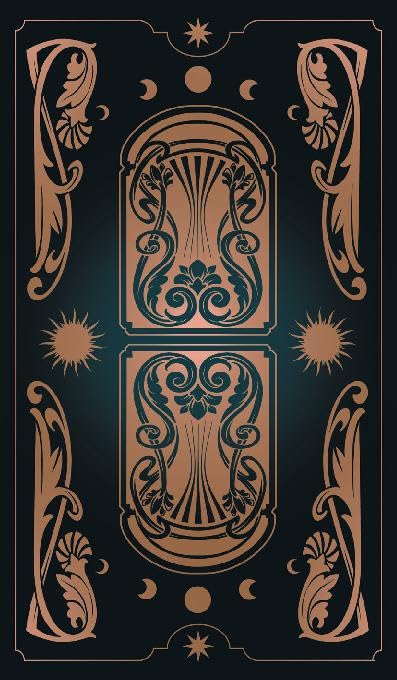 kortų nugarėlė juodo fono su auksiniais art nouveau ornamentais, simetriškas dizainas skirtas taro komplektui