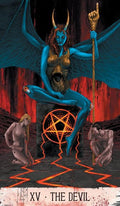 Tarot korta Velnias (XV) frontalus leidimas su mėlyna ragėta figura, ugninėmis raudonomis detalėmis ir dviem klūpančiais figūromis