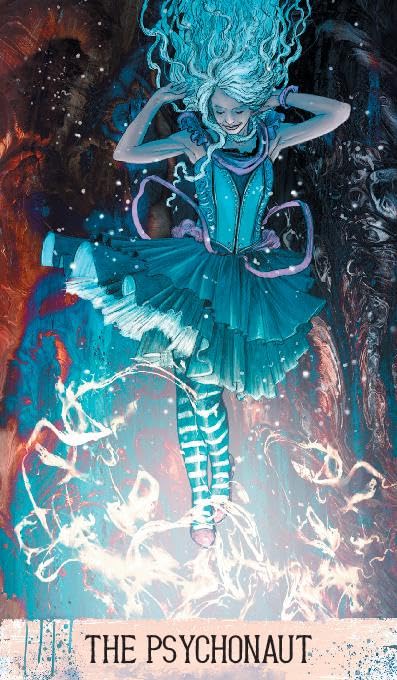 tarot korta The Psychonaut, turkio baleto kostiumu vilkinti figūra skęsta ugnies ir žvaigždžių sraute; priekinis viršelis, unikali iliustracija