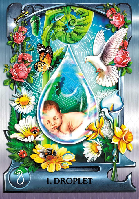 Tarot korta Droplet – spalvinga simbolinė korta su miegančiu kūdikiu lašo viduje, rožėmis, drugeliu ir balandžiu