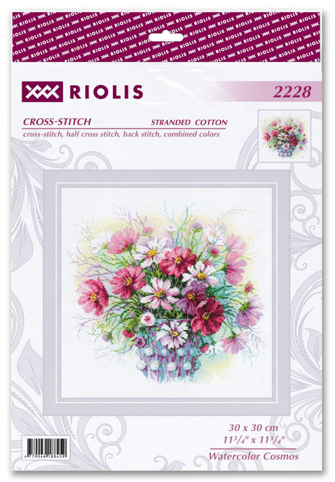 Kryželių rinkinys Riolis 2228 Watercolor Cosmos, 30×30 cm; komplektas su rožinių ir baltų kosmosų puokšte