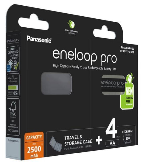 Panasonic Eneloop Pro AA 2500mAh įkraunamos baterijos 4vnt + dėklas