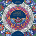 Spalvinimo knyga Magic Mandala Lindy Longhurst, ryškus mėlynas ir rausvas apvalus mandalos viršelis su auksinėmis detalėmis