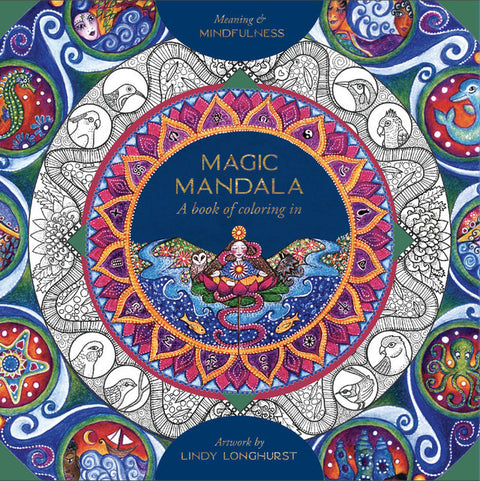 Spalvinimo knyga Magic Mandala Lindy Longhurst, ryškus mėlynas ir rausvas apvalus mandalos viršelis su auksinėmis detalėmis