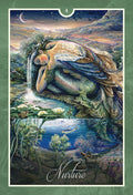 tarot korta „Nurture“: vertikali iliustracija su sparnuota undine, besirūpinančia tvenkinio lelijomis, žuvimis ir ramiu peizažu