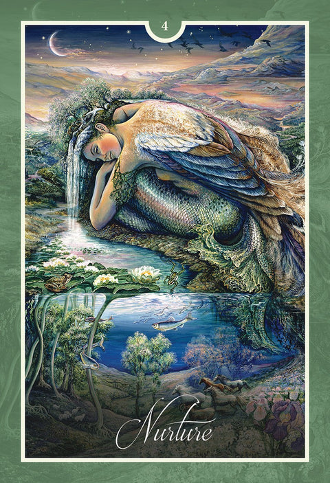 tarot korta „Nurture“: vertikali iliustracija su sparnuota undine, besirūpinančia tvenkinio lelijomis, žuvimis ir ramiu peizažu