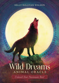 Gyvūnų orakulo kortos Wild Dreams – Kelly Sullivan Walden viršelis, mėnulio fone lojantis vilkas, skirtos intuicijai ir savęs pažinimui