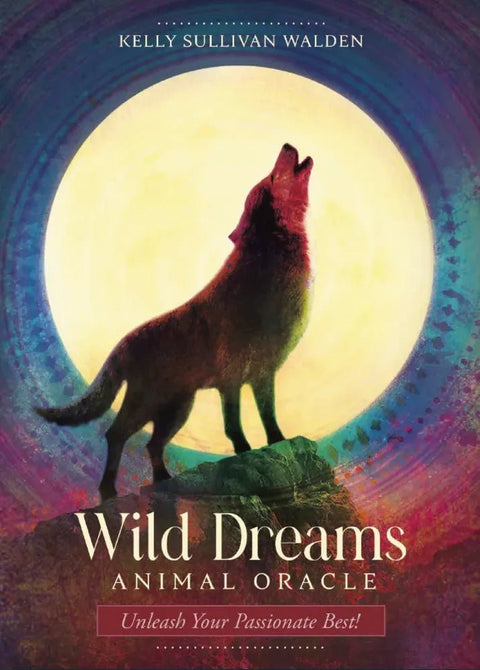 Gyvūnų orakulo kortos Wild Dreams – Kelly Sullivan Walden viršelis, mėnulio fone lojantis vilkas, skirtos intuicijai ir savęs pažinimui