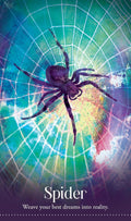 tarot korta Spider su violetiniu voru centre ant žalsvai‑mėlyno tinklelio, ryški iliustracija pabrėžia sapnų audimo temą