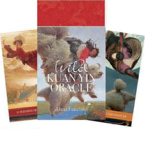 Wild Kuan Yin Oracle kortų rinkinys Alana Fairchild — dėžutės priekinis vaizdas ir dvi atverstos kortos iš šono fanuojant