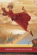 Plakatas Blessing of the Kite Dancer – vintage iliustracija su raudona suknele sklandančia virš tilto, išskirtinė žemės ir dangaus kompozicija