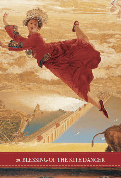 Plakatas Blessing of the Kite Dancer – vintage iliustracija su raudona suknele sklandančia virš tilto, išskirtinė žemės ir dangaus kompozicija