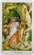 Tarot korta Šamanas su žaliais ir oranžiniais tonais, senas šamanas su gyvūno kauke ir lazdą laikantis prie dūmijančio altoriaus