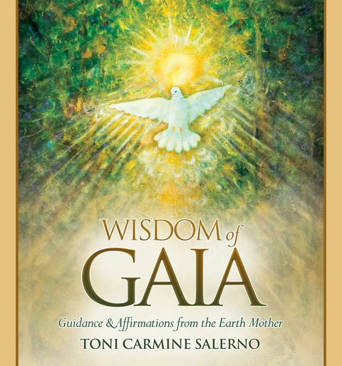 Knyga "Wisdom of Gaia" priekinis viršelis – žalio ir auksinio fono, balta balandis ir autorės Toni Carmine Salerno vardas