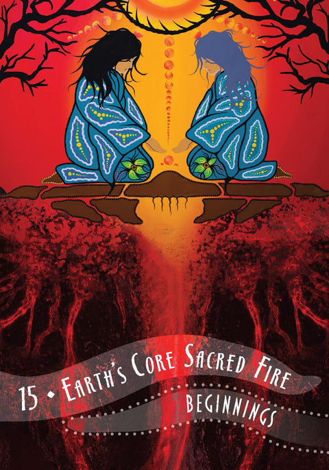 tarot korta su dviem kniebiomis moterimis mėlynuose chalatėse, simboliniu liepsnojančiu raudonu centru ir užrašu „Earth’s Core Sacred Fire“