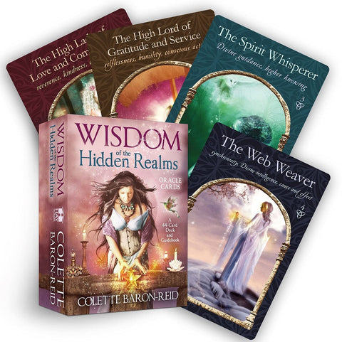 Oracle kortų rinkinys „Wisdom of the Hidden Realms“ (Colette Baron‑Reid), 44 kortų kaladė su dėžute ir keliomis atvertomis iliustruotomis kortomis