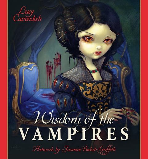 knyga Wisdom of the Vampyres – iliustruotas gotiškas viršelis su tamsiai mėlyna suknele, raudonomis kraujo dėmėmis ir menininkės Jasmine Beket‑Griffith parašu