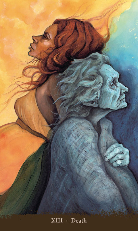 Tarot korta Mirtis su dviem persipinančiomis moterimis — ryški jauna figūra ir mėlyna senatvė, simbolis pokyčio
