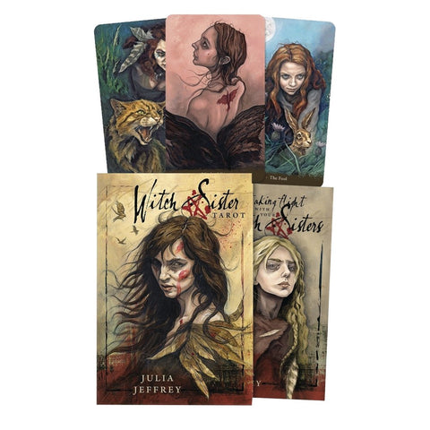 tarot kortos Witch Sister Julia Jeffrey, iliustruotas dėklas ir keli atversti kortų pavyzdžiai, parodyta priekinė dėžutė