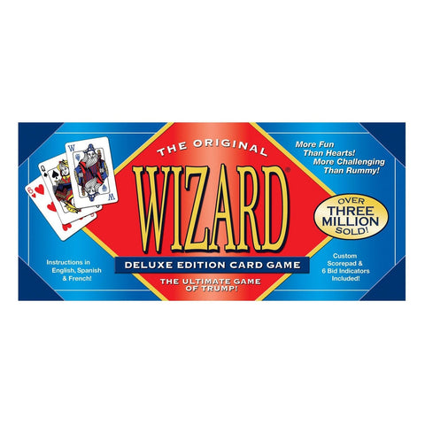 Kortų žaidimas Wizard Deluxe leidimas, ryškus raudonas–mėlynas dėžutės viršelis su logotipu ir išmėtytomis kortomis