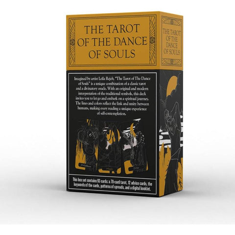 Tarot kortos The Tarot of the Dance of Souls juodo ir auksinio stalčiuko dėkle, stovinčios iš galo su aprašymu ir keliomis pavyzdinėmis kortomis