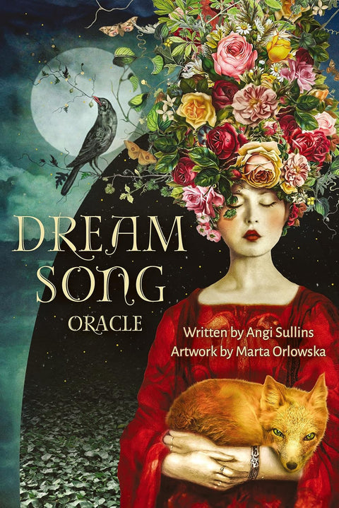 Dream Song orakulas – knygos viršelis su Marta Orlowska gėlių karūna, užmerktomis akimis ir apsikabinančia lapę