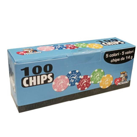 Pokerio žetonai 100 vnt., pakuotėje 5 spalvos po 14 g kiekvienas, Modiano stiliaus dėžutės priekinė pusė