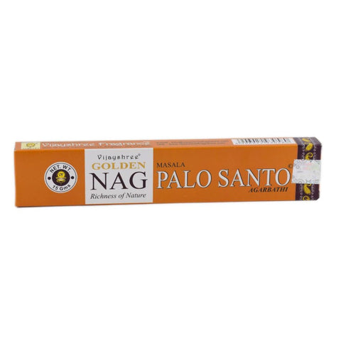 Palo Santo smilkalai Golden Nag, oranžinė 15 g pakuotės priekinė dalis su aiškiu logotipu ir užrašu
