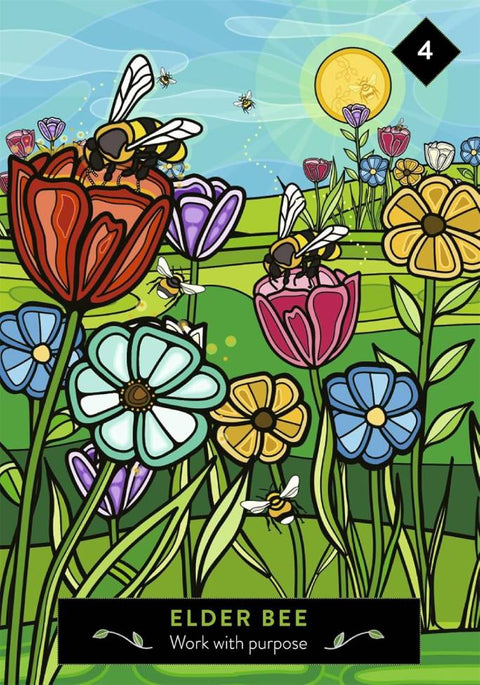 Elder Bee plakatas su ryškiais stilizuotais gėlių piešiniais, keliančiomis bičių figūromis ir saulės akcentu, variantas 4
