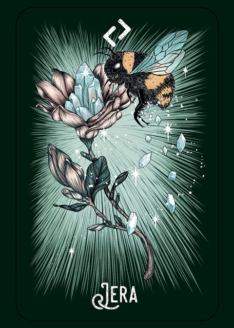 Tarot korta Jera su bičių motyvu ir krištolo žiedu ant tamsiai žalio fono, mistiška iliustracija