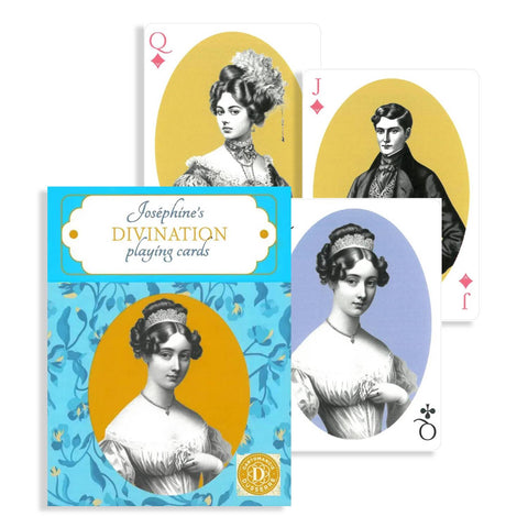 Kortų kaladė Josephine's Divination mėlyname ir aukso dėkle su trimis portreto figūromis išsiskiriančiomis kortomis