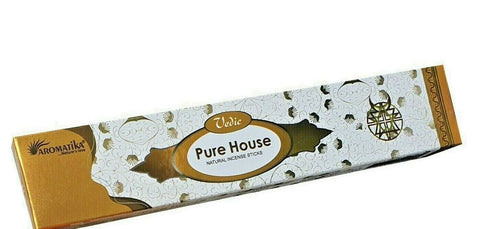 Smilkalų lazdelių Aromatika Pure House Vedic aukso‑baltės pakuotės priekinis kampinis rodinys