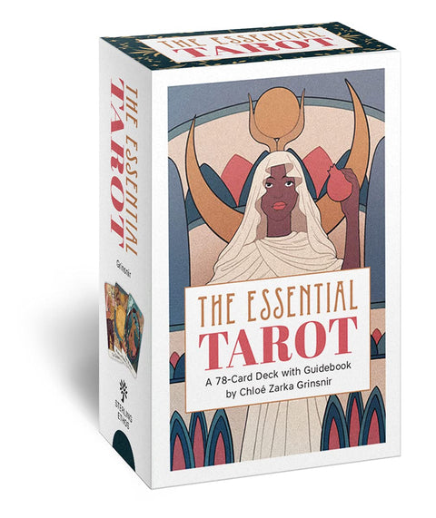 Tarot kortos The Essential Tarot, baltas dėklas su spalvota aukštosios kunigės iliustracija ir 78 kortų komplekto priekis