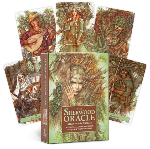 Sherwood Oracle žaidimo dėžutė ir šeši iliustruoti kortų variantai su žaliu viršeliu ir miškingų personažų piešiniais