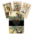 Marseille tarot kortos Virginia Mori (Ambrosia) — dėžutė su stilizuotais vintage piešiniais ir keturių kortų pavyzdžiais