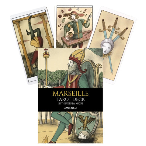 Marseille tarot kortos Virginia Mori (Ambrosia) — dėžutė su stilizuotais vintage piešiniais ir keturių kortų pavyzdžiais