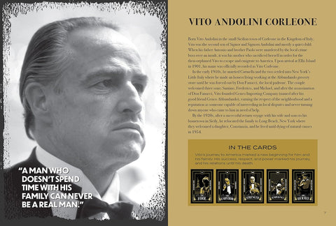 Knygos puslapis su Vito Andolini Corleone juodai baltu profilio portretu, dešinėje biografija ir apatinėje taro kortų serija