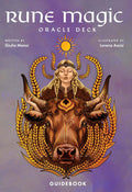 Rune Magic orakulo kaladė su guidebook viršeliu, violetinis fonas, iliustruota moteris su auksinėmis kasomis virš jaučio galvos ir kviečių vainikas