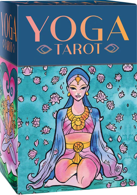 Jogos tarot kortų rinkinys — mėlykai žalia dėžutė su lotoso motyvais ir meditacijos iliustracija ant priekinės dalies