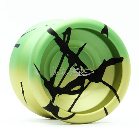 YoYoFactory Spotlight Ultra aliuminis yoyo – nereaguojantis, pažengusiems, Hunter Feuerstein parašas – geltona/žalia/juoda