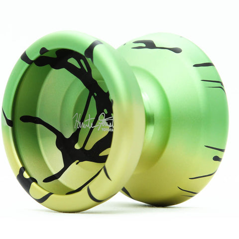 YoYoFactory Spotlight Ultra aliuminis yoyo – nereaguojantis, pažengusiems, Hunter Feuerstein parašas – geltona/žalia/juoda