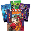 Tarot kortos Allcento, ryškus iliustruotas komplektas – dėžutės viršelis su mokslininku prie globuso ir dvi pavyzdinės kortos