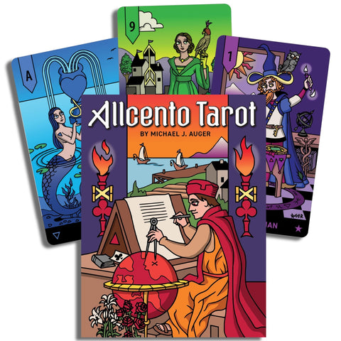 Tarot kortos Allcento, ryškus iliustruotas komplektas – dėžutės viršelis su mokslininku prie globuso ir dvi pavyzdinės kortos