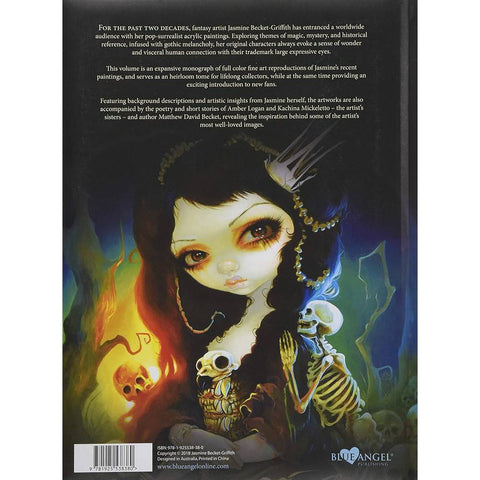 Meno knyga – Jasmine Becket‑Griffith darbų rinkinio nugarėlė su pop‑surrealistine mergina karūna, skeletu, tekstu ir ISBN