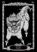 Barong plakatas juodame fone su detaliu baltu linijiniu Balio sargų kaukės piešiniu, pūkų tekstūra ir dekoratyviu rėmu