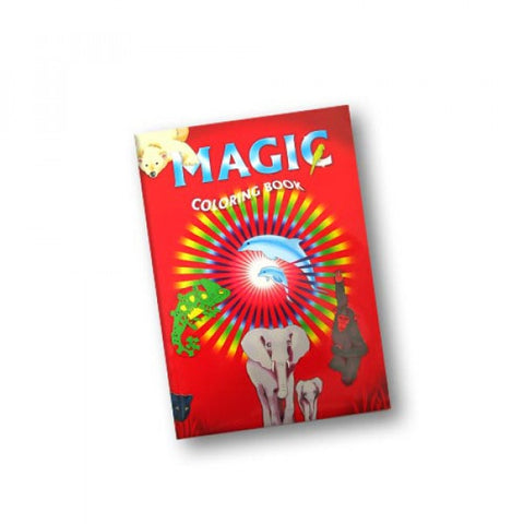 Spalvinimo knyga Magic su ryškiu raudonu viršeliu ir gyvūnų piešiniais (dramblys, driežas, beždžionė), pasvirusi kampu