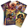 Faces of Oshun orakulo kortos, Abiola Abrams dizainas, 44 kortų kaladė su vadovu, ryškios auksinės ir violetinės iliustracijos, dėžutės priekinė pusė ir keli atversti kortų pavyzdžiai