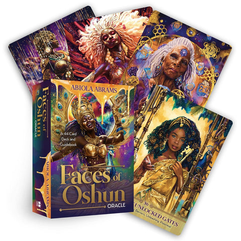 Faces of Oshun orakulo kortos, Abiola Abrams dizainas, 44 kortų kaladė su vadovu, ryškios auksinės ir violetinės iliustracijos, dėžutės priekinė pusė ir keli atversti kortų pavyzdžiai